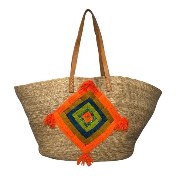 LARGE WOVEN NATURAL FIBER EMBROIDERED GODS EYE LEATHER HANDLED MARKET TOTE - Picture 1 of 11